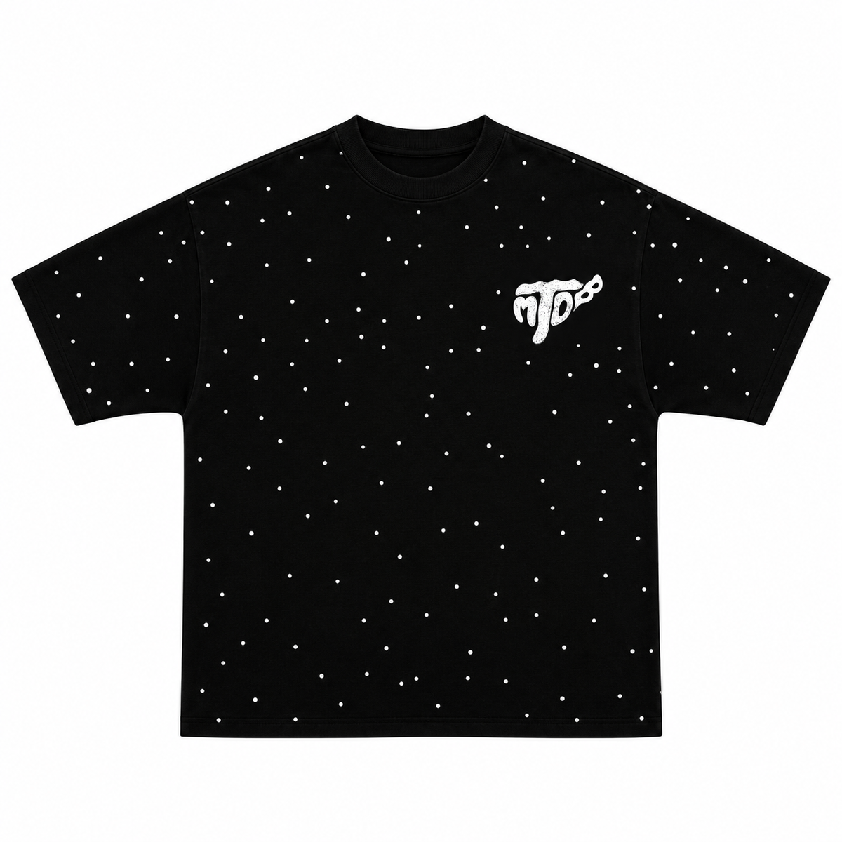 Frente de playera negra TOMBOCHIO TOUR PLAYERA NEGRA OVER PREMIUM — FULL PEDRERIA sobre fondo blanco.