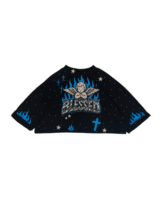 Crop top oversize negro Blessed Angel azul con querubín y diseño full pedrería — Nova Design.