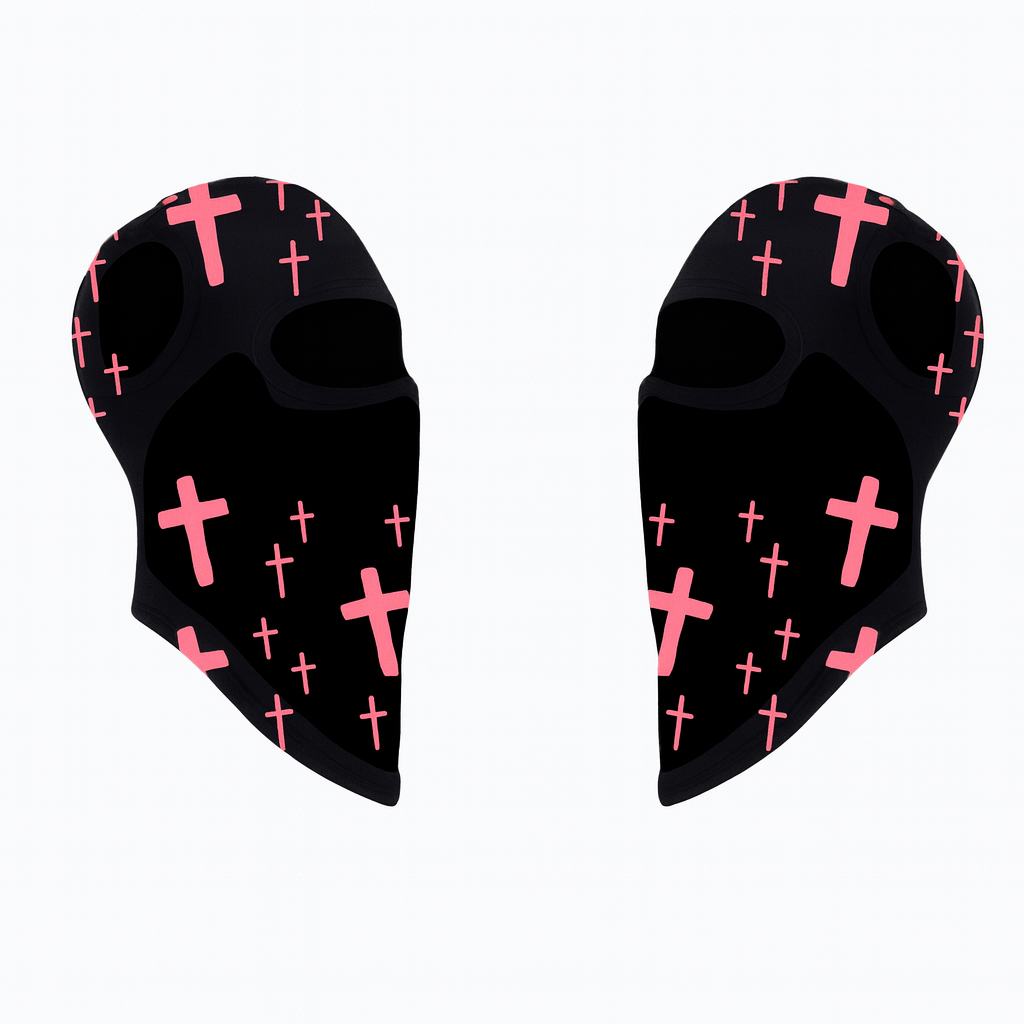 Pasamontañas negro Blessed Angel con cruces rosas estilo streetwear — Nova Design.