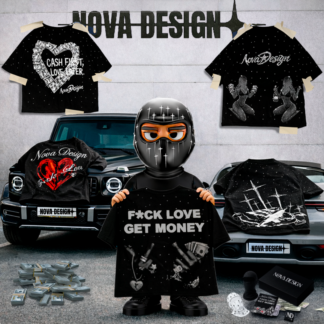 Combo completo Nova Design Fuck Love Get Money con todas las playeras del drop, crop, full set, accesorios y caja edición especial