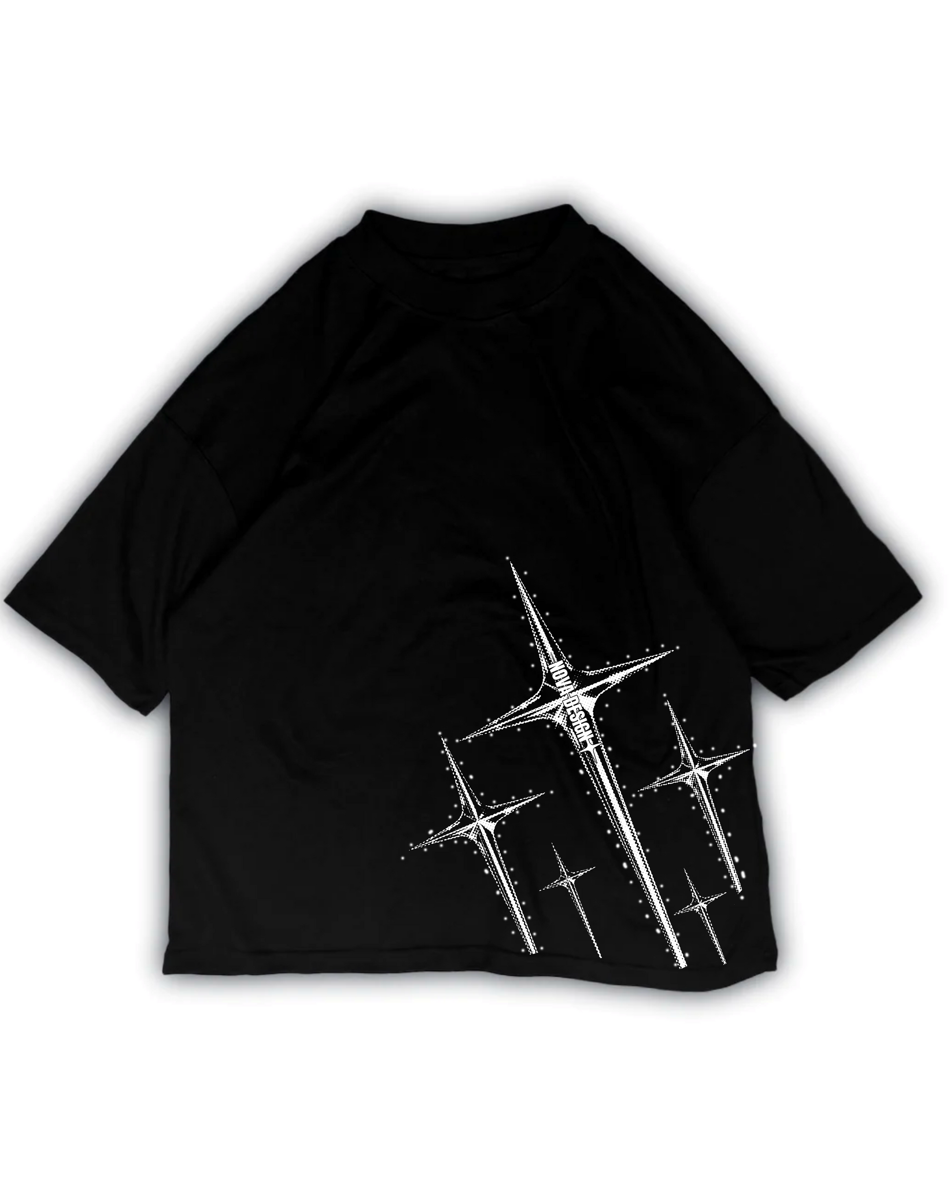 Playera oversize negra Nova Design con gráfico frontal de estrellas estilo streetwear