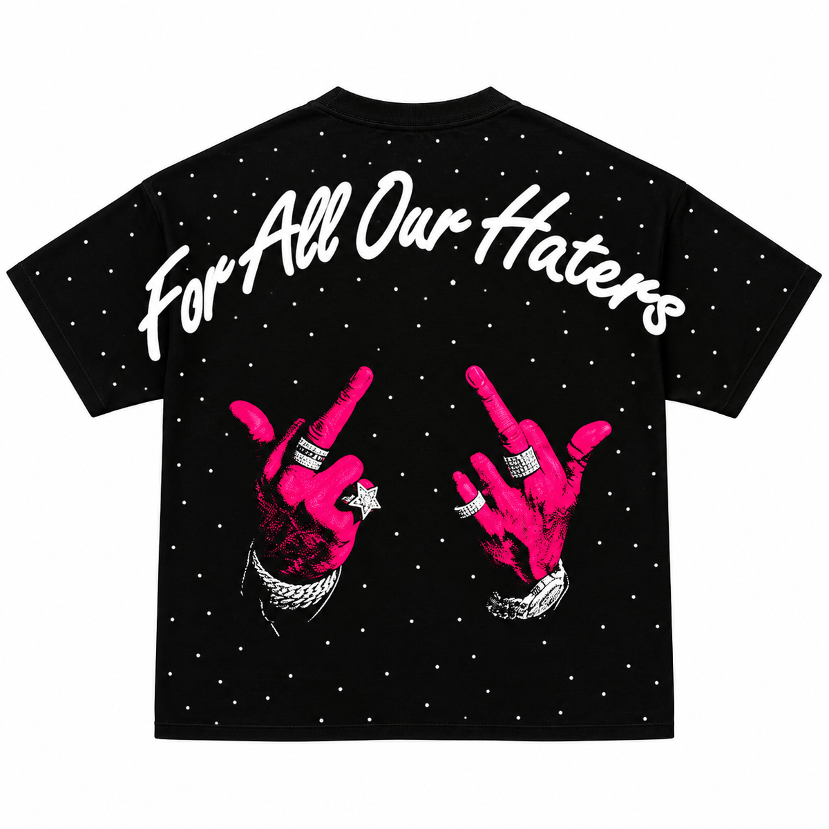 Espalda de playera negra FOR ALL OUR HATERS PLAYERA NEGRA OVER PREMIUM — FULL PEDRERIA sobre fondo blanco.