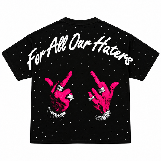 Espalda de playera negra FOR ALL OUR HATERS PLAYERA NEGRA OVER PREMIUM — FULL PEDRERIA sobre fondo blanco.