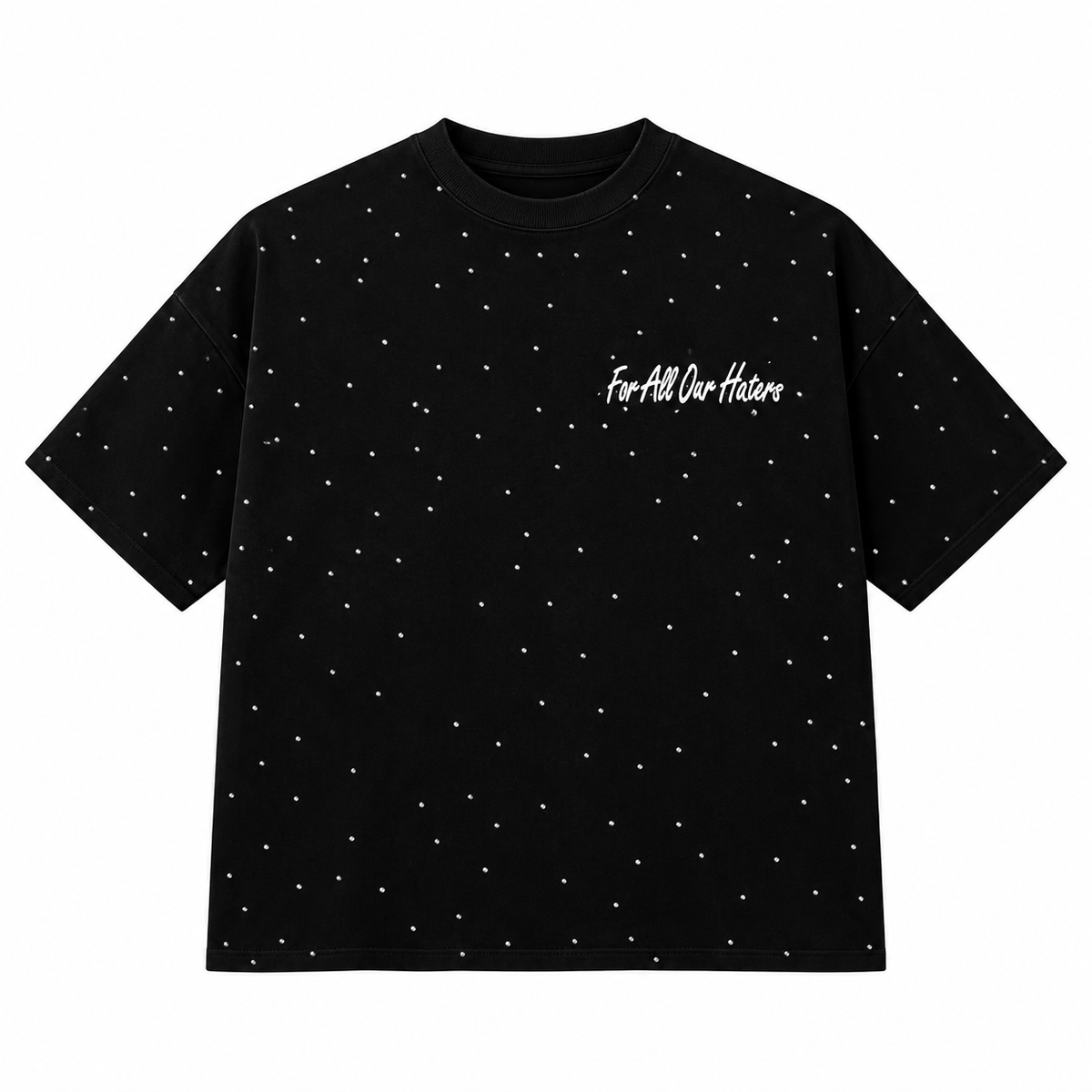 Frente de playera negra FOR ALL OUR HATERS PLAYERA NEGRA OVER PREMIUM — FULL PEDRERIA sobre fondo blanco.