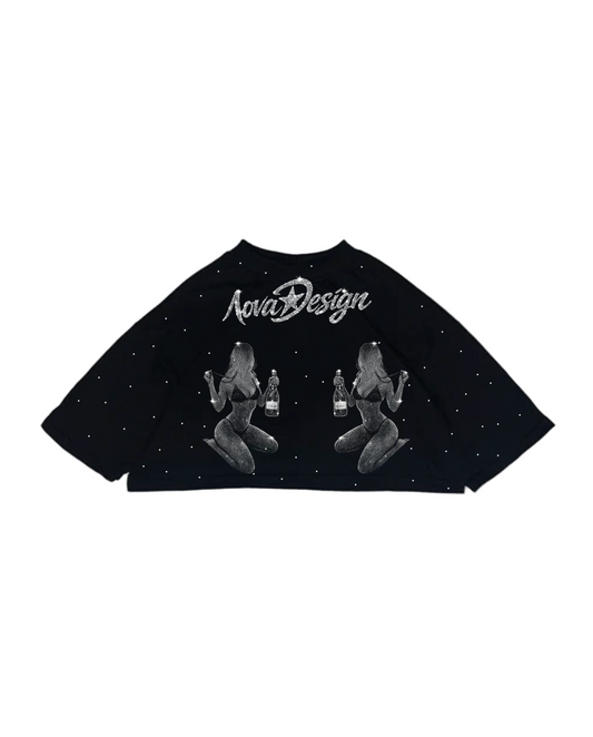Crop oversize negro con siluetas femeninas y efecto brillante estilo nightlife — Nova Design.