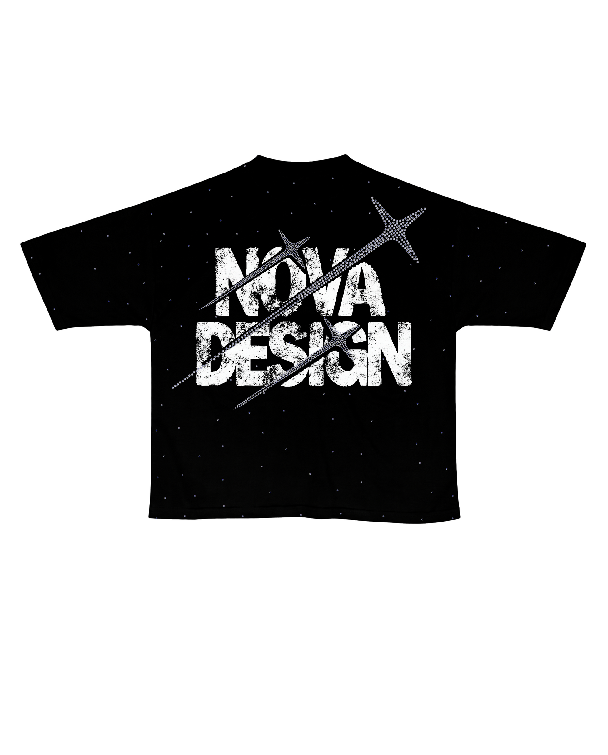 Playera Nova Stars negra corte over con logo Nova Design y detalles de pedrería