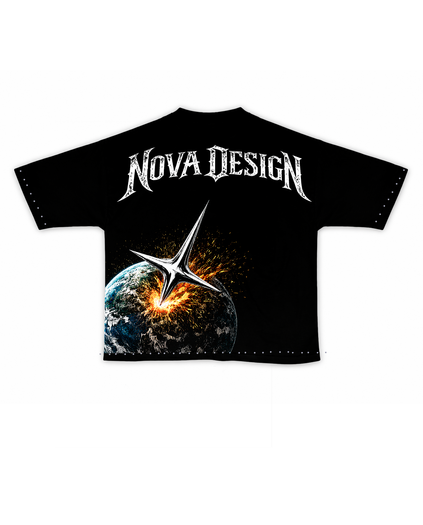 Playera Nova Asteroide negra corte over con diseño espacial de planeta y asteroide