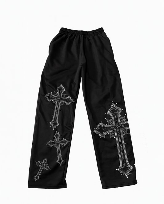Pants negros Nova Chrome con cruces góticas estilo chrome y contorno de pedrería — Nova Design