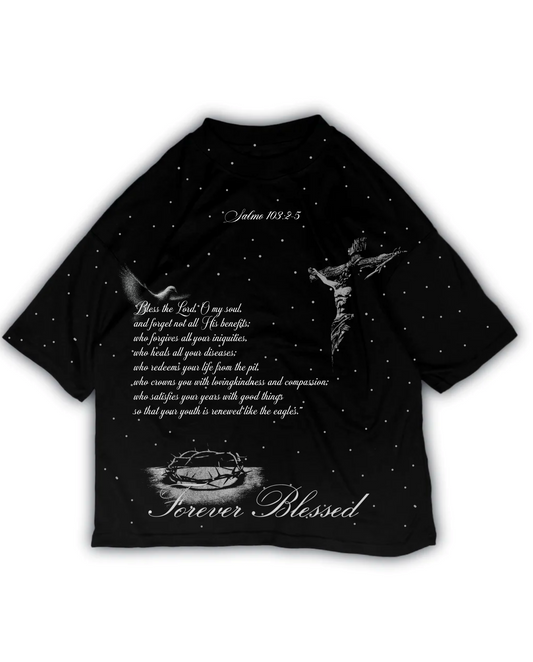 Playera oversize negra con Salmo 103:2–5, ilustración de Cristo, corona de espinas y frase Forever Blessed — Nova Design.