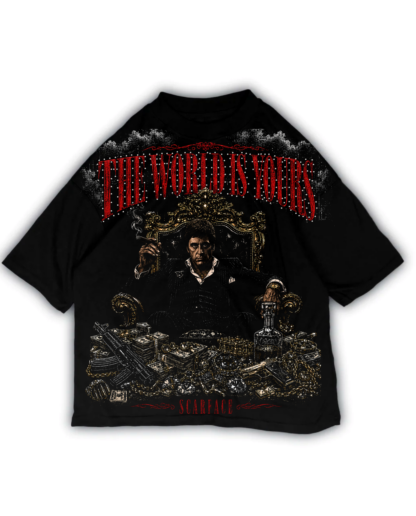 Playera oversize negra 240 GSM con gráfico frontal estilo Scarface en tonos rojo dorado y negro NOVA DESIGN
