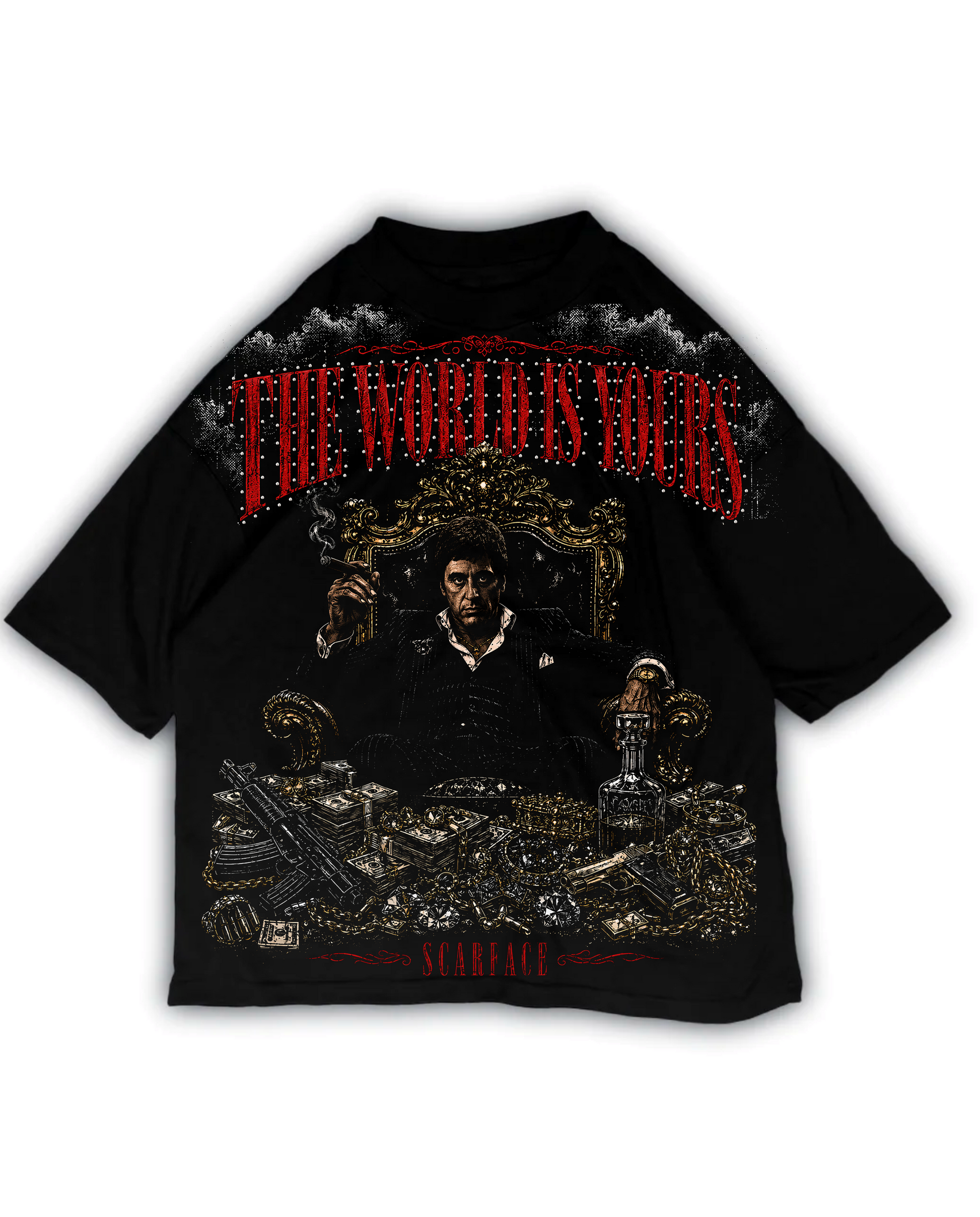 Playera oversize negra 240 GSM con gráfico frontal estilo Scarface en tonos rojo dorado y negro NOVA DESIGN