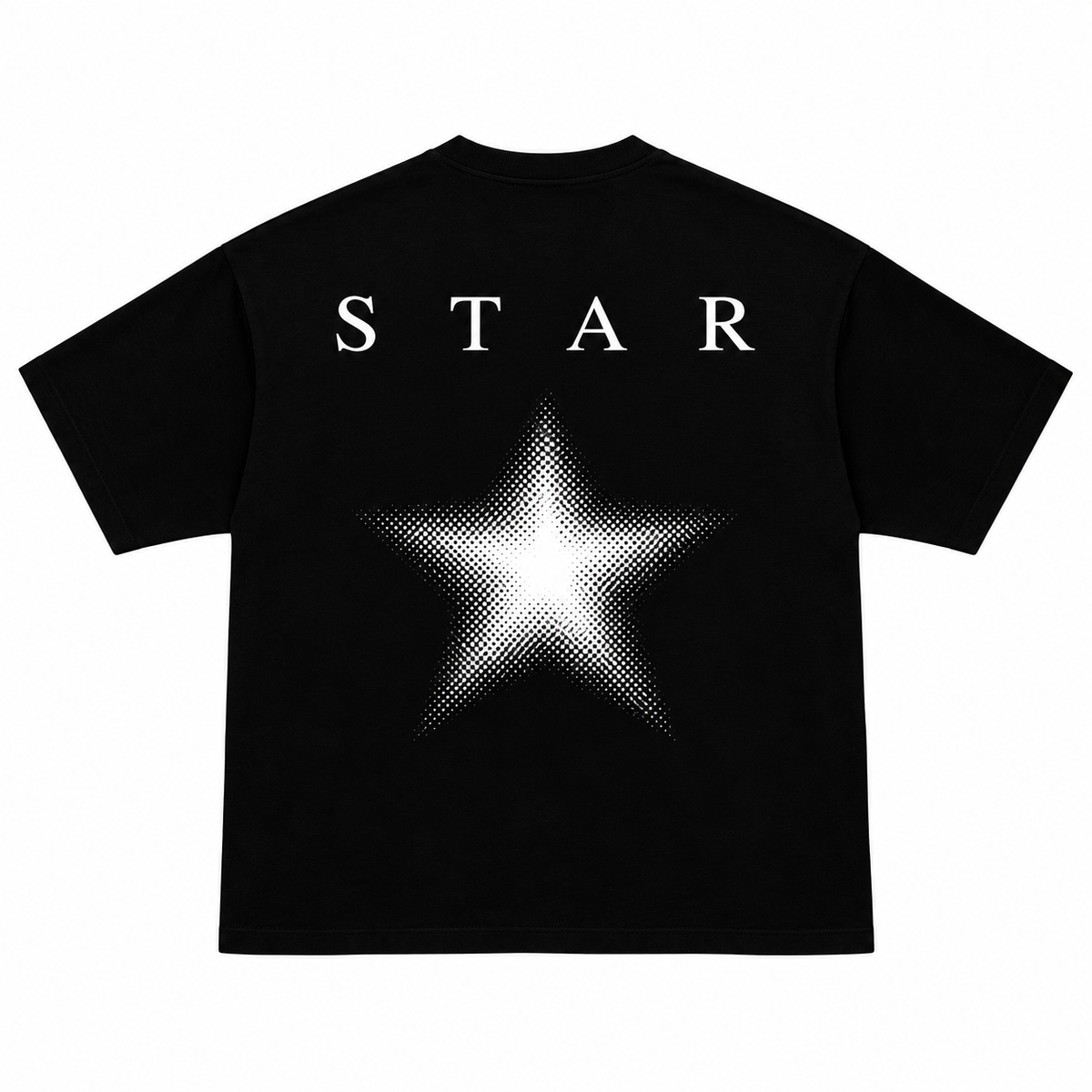 Espalda de playera negra STAR de Tombochio sobre fondo blanco.