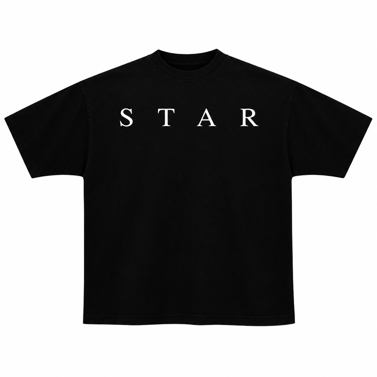 Frente de playera negra STAR de Tombochio sobre fondo blanco.