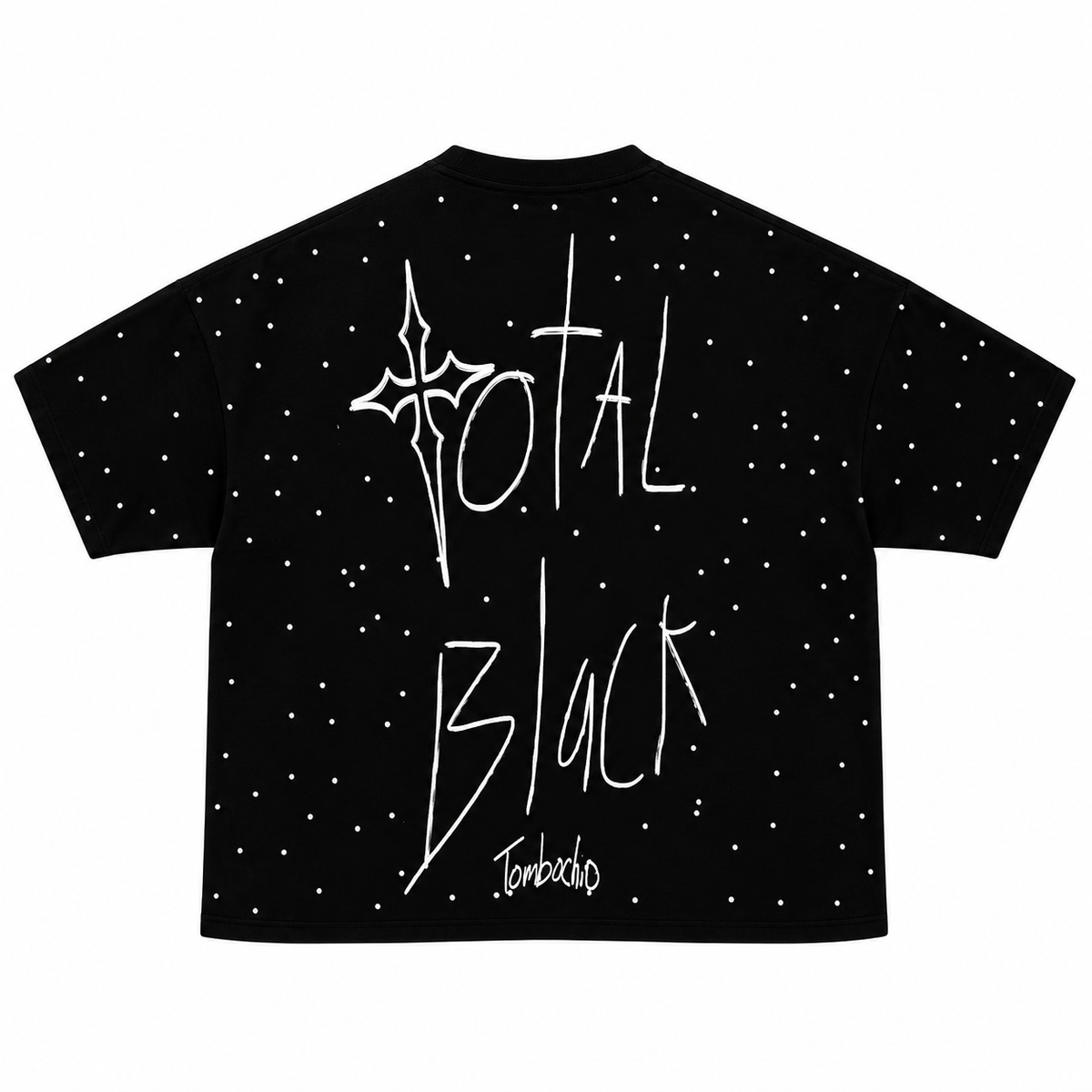 Espalda de playera negra TOTAL BLACK PLAYERA NEGRA OVER PREMIUM — FULL PEDRERIA sobre fondo blanco.