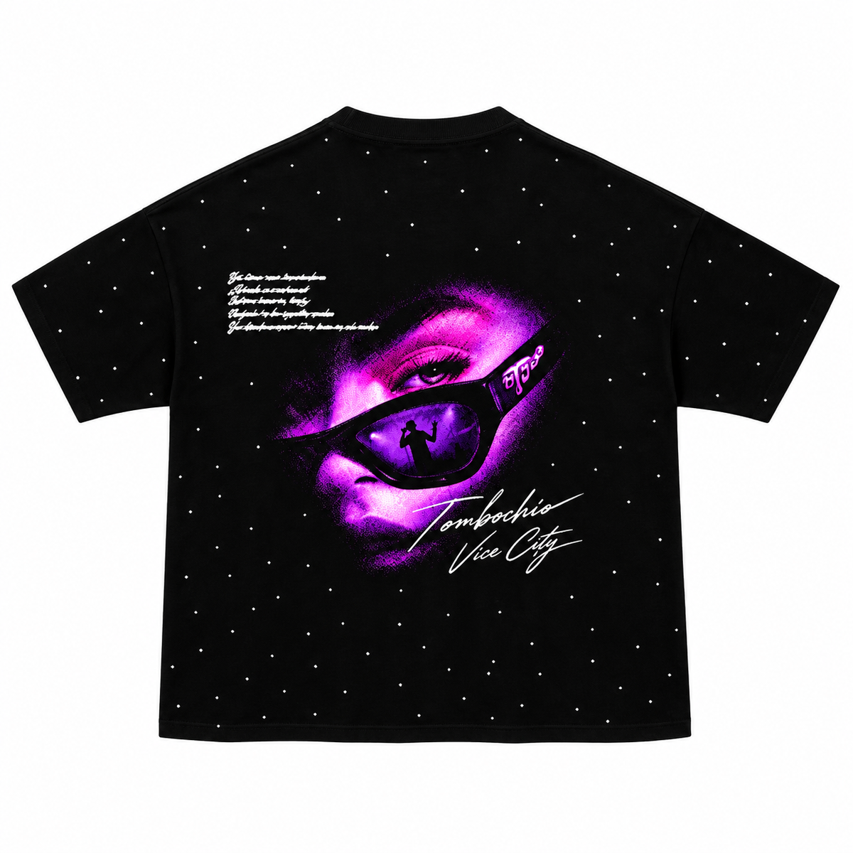 Espalda de playera negra VICE CITY PLAYERA NEGRA OVER PREMIUM — FULL PEDRERIA sobre fondo blanco.